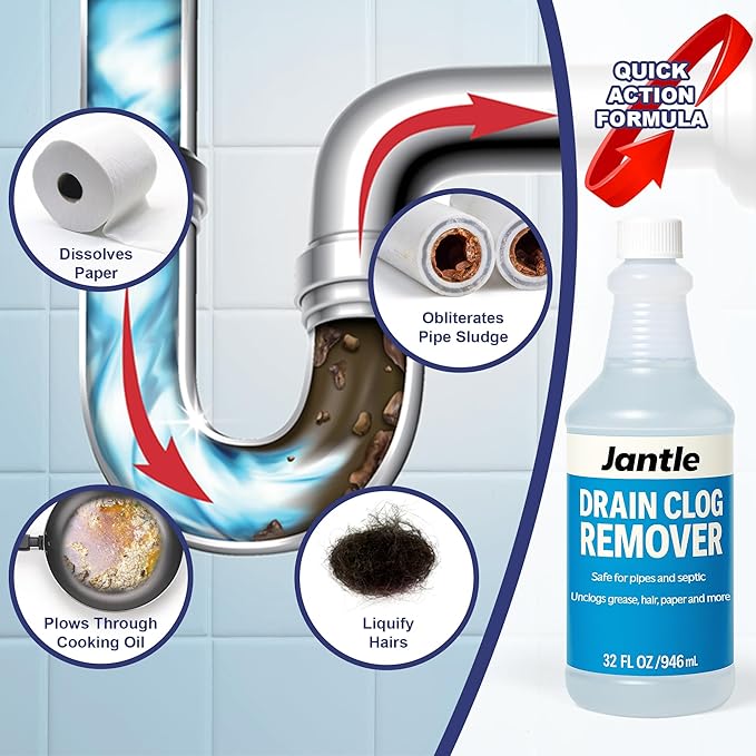 Drain Clog Remover - 12 Pack, 32 oz Bottles Powerful Drain Cleaner Liquid for Shower, Sink, and Toilet - Dissolves Hair, Grease, Paper, Fat, Oil - Plumbing & Septic Safe - Easy to Use Formula