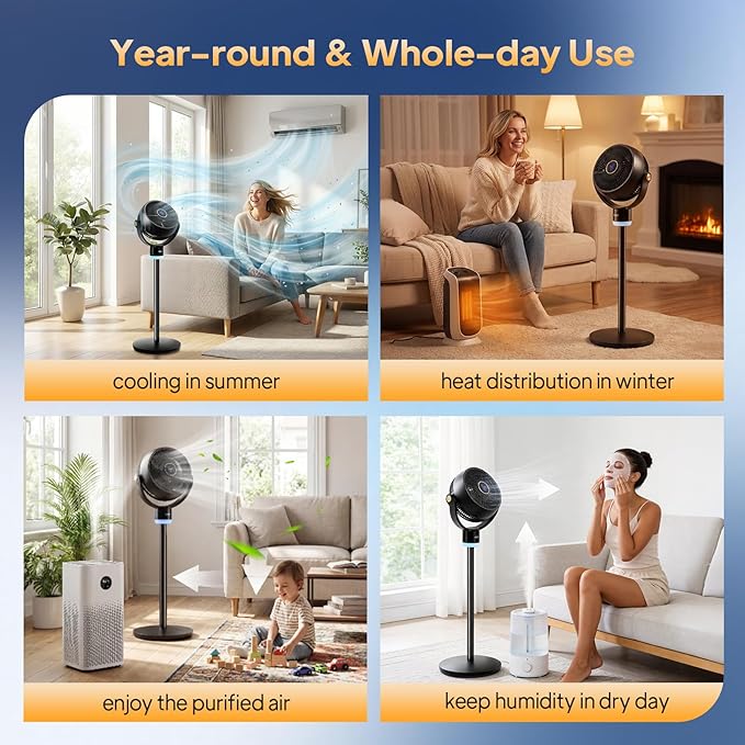 ROVSUN 3-in-1 Standing Fan for Bedroom, 40" Pedestal & Tabletop Fan, 120°+90°Omni-directional Oscillating Fan with Remote, Mood Lighting, 3 Speeds, 12H Timer and Adjustable Height, Black 110V 40W