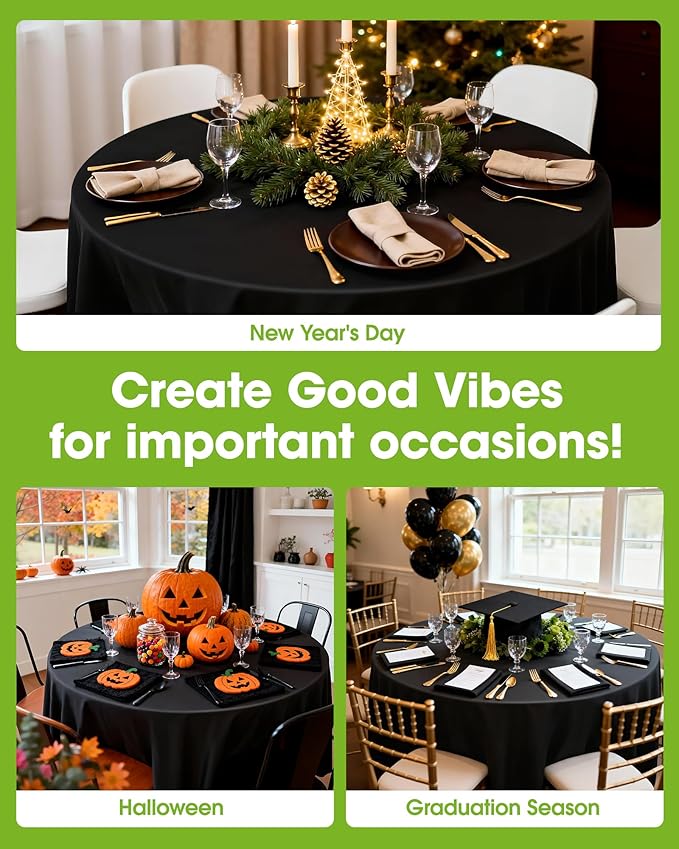 Pureegg Plastic Table Cloth Disposable 20 Pack, 84'' Round Table Cloths, Graduation Decorations Class of 2025, Graduation Party Tablecloths, Round, Plastic Cover, Leakproof & Sturdy, Black
