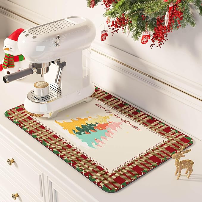 DK177 Coffee Mat - Dish Drying Mat for Kitchen Counter, Hide Stain, Absorbent with Waterproof Rubber Backing, Fit Kitchen Dish Rack Bar Accessories (Christmas Red, 24" x 16")