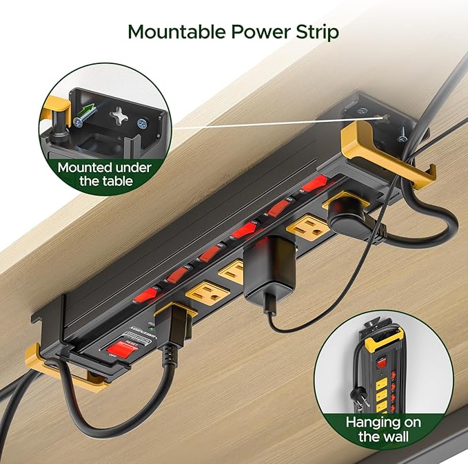 6 Outlet Heavy Duty Metal Power Strip with Individual Switches,3300J Surge Protector Mountable Power Strip,6FT Cord Management,Recessed Wide-Spaced,ETL Listed(15A/1875W)