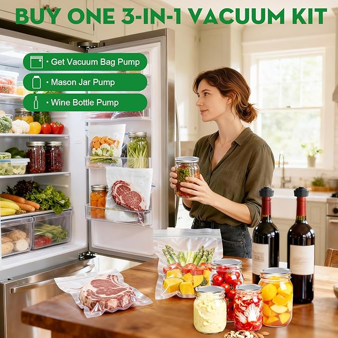 3-in-1 Vacuum Sealer for Food Compatible with Vacuum Bag, Mason Jar, Wine Bottle, Handheld Saver Compact Vacuum Sealer Machine with 14 Reusable Bags