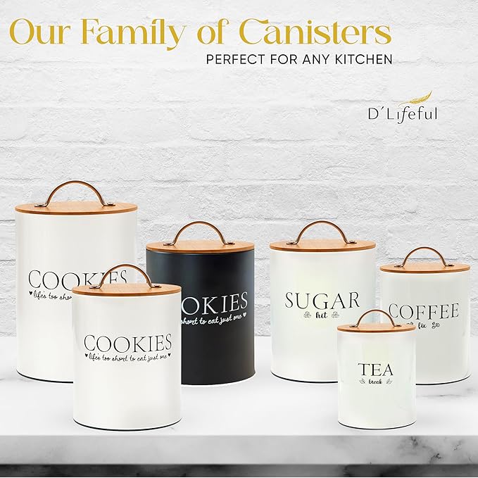 D'Lifeful Tea Coffee Sugar Canister Set - 3pc Airtight Canister Sets for Kitchen Counter - Farmhouse Containers for the Kitchen - Decorative Countertop storage with Airtight Lid for Freshness - White