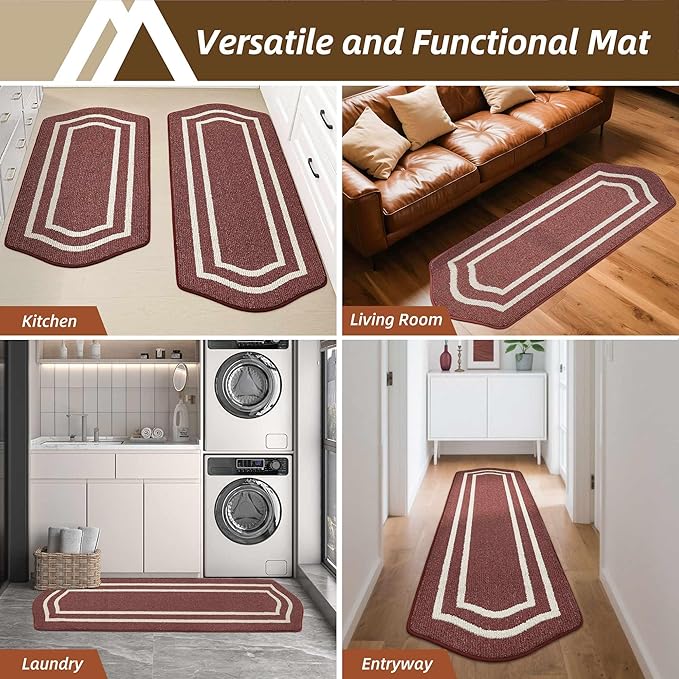 COSY HOMEER Long Kitchen Floor Mats for in Front of Sink Super Absorbent Kitchen Rugs and Mats 24"x48"+24"x59"Non-Skid Kitchen Mat Standing Mat Washable,Polypropylene,Red,Frame