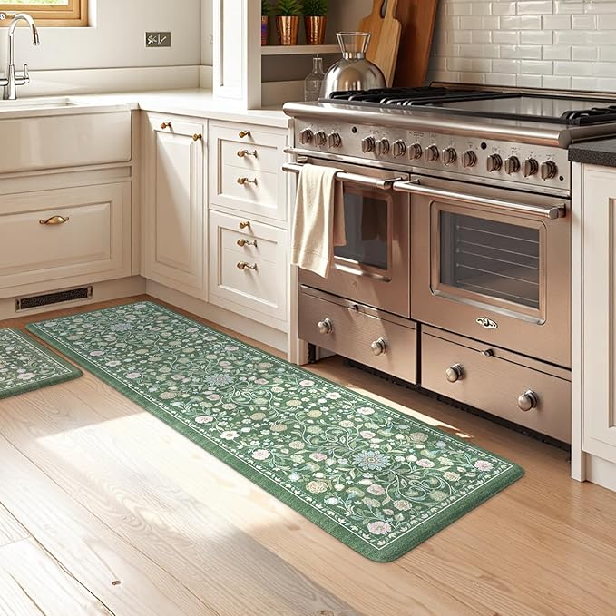 KIMODE Comfort Kitchen Floor Mats Cushioned Anti Fatigue,Farmhouse Spring Floral Kitchen Runner Rug Sets of 2 Non Slip,Long Memory Foam Standing Carpet for Laundry Sink Home,Green