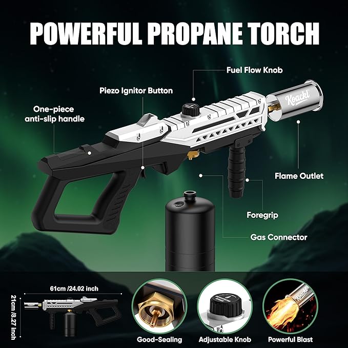 KOACKL Powerful Propane Torch Gun, Kitchen Torch with Adjustable Flame, Flamethrower Blow Torch Gun Gas Welding Kits for BBQ, Searing, Camping & Charcoal Torch Lighter(Tank Not Included)