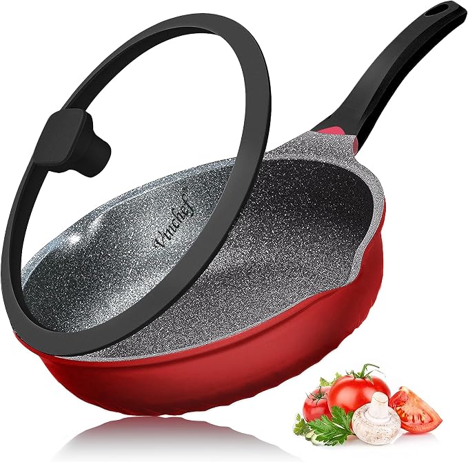 Vinchef 11Inch/5QT Nonstick Skillet, Red | deep nonstick skillet with lid & heat indicator. Anti-scratch, anti-stain, induction-compatible ideal for sautéing frying