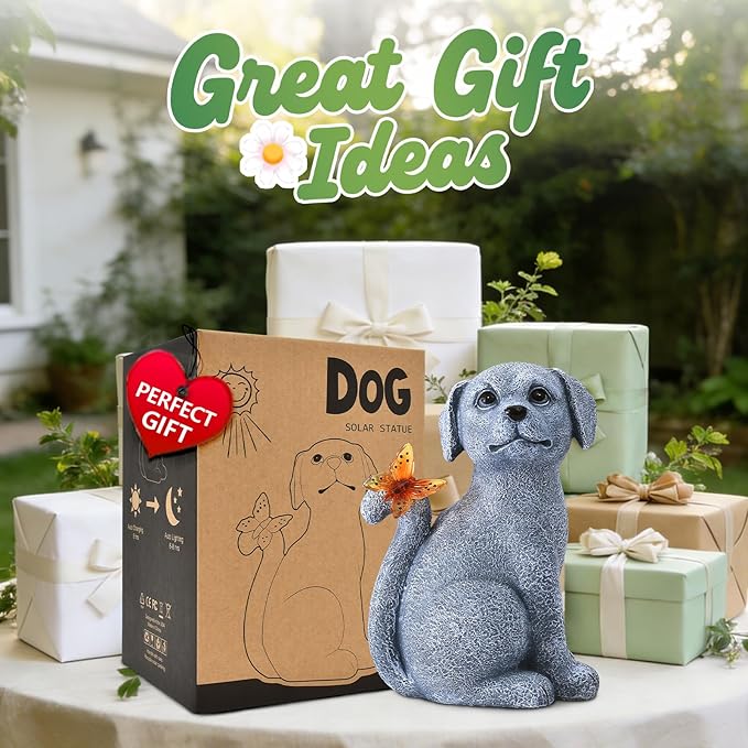 Nacome Solar Dog Outdoor Statues for Garden: Outside Decor with Butterfly Clearance for Yard Art Lawn Ornaments Patio Balcony Home House for Mom Grandma Women