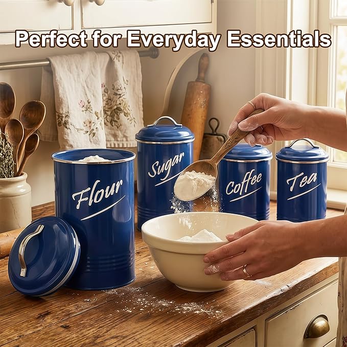 Hillbond Kitchen Canister Set of 4, Airtight Stainless Steel Food Storage Containers with Lids, Flour Sugar Coffee Tea Canisters for Countertop, Metal Kitchen Storage Jars, Navy Blue