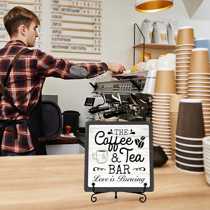 Coffee Bar Sign, Love is Brewing Farmhouse Tabletop Decor, Coffee and Tea Lover Gifts, 5x5 Wood Plaque with Iron Stand for Home Kitchen Cafe, Coffee Bar Decor – L08