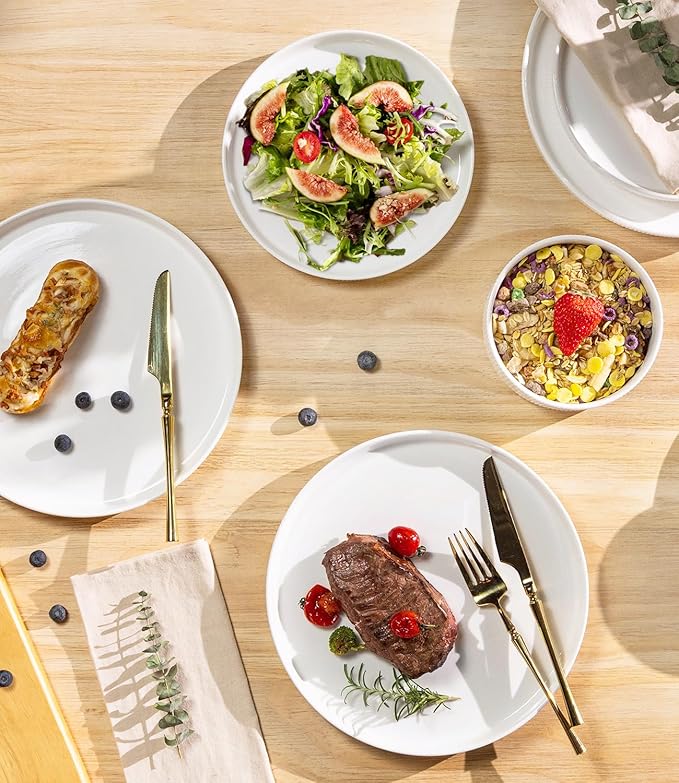 TheTerra Ceramic Dinnerware Sets for 8, 24 Pieces Porcelain Lightweight Plates and Bowls Sets, Scratch Resistant Dish Set, Oven & Microwave & Dishwasher Safe, Crisp White