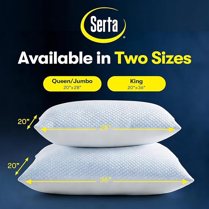 Serta Cooling Down Alternative Bed Pillows Queen Size Set of 2, Reversible Cooling & Cotton Fabric, Medium Firm, Breathable Support for Hot, Side, Back & Stomach Sleepers, 20" x 28"