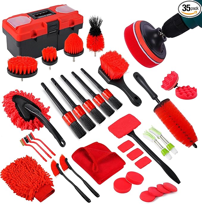 35Pcs Car Detailing Kit, Car Cleaning Kit with Windshield Cleaning Tool and Tool Box, Interior & Exterior Auto Care Supplies and Brushes (B：35PCS-R)