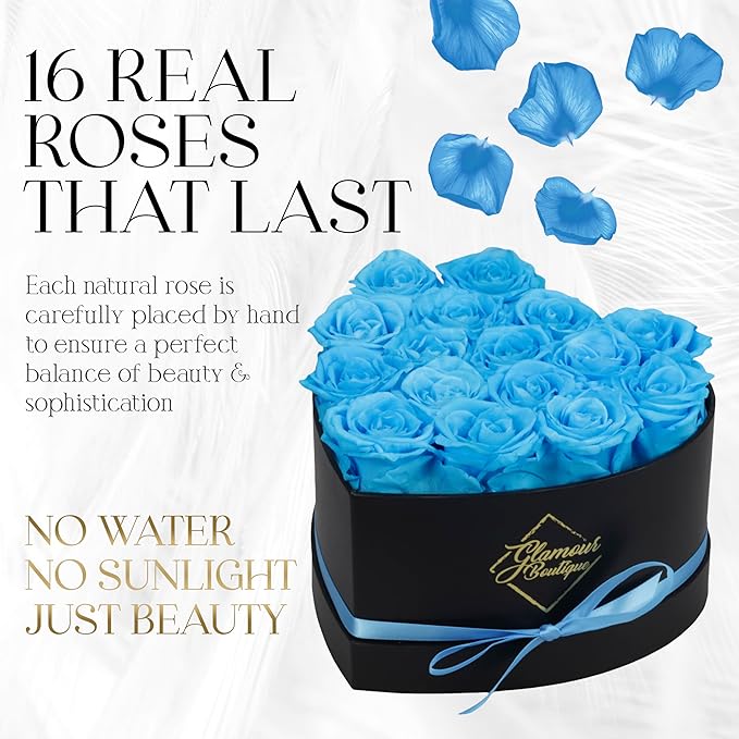 GLAMOUR BOUTIQUE 16 Flower Forever Heart Shape Box, for Mom, Eternal Preserved Roses Gift for Her, Him, Lasting Flowers Bouquet, for Birthday, Anniversary, Teal (Color-Treated)
