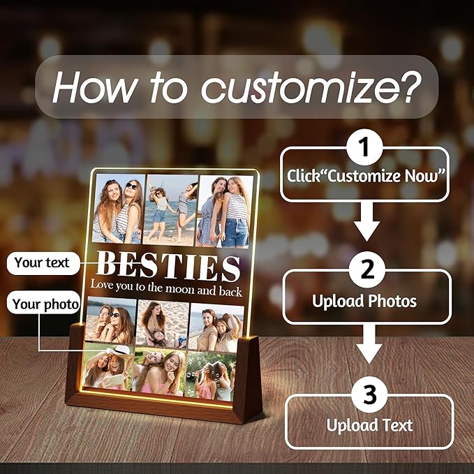 Best Friend Birthday Christmas Gifts For Women, Personalized BFF Light Up Picture Frame, Besties Gifts Acrylic Plaque With Photo Name, Custom Friendship Memories Souvenir Gift For Sister Besties