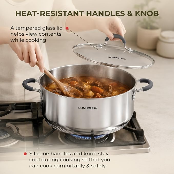 SUNHOUSE 6.3 QT Stainless Steel Steamer Pot for Cooking with Glass Lid | 2-Tier Vegetable & Dumpling Food Steamer Basket - Stovetop Ollas Vaporeras with Stay-Cool Handles - Tri-Ply Induction Base