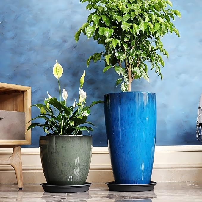 24,21,11 Inch Large Plastic Planters with Drainage Hole and Saucer - Set of 3 Tall Plant Pots Indoor Flower Pot Tall Round Planters Outdoor Large Tall Planter