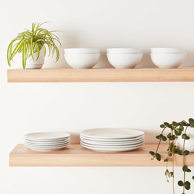 Amazon Basics 18-Piece Complete Kitchen Dinnerware Set, Microwave and Dishwasher Safe, Plates, Dishes, Bowls for Everyday Use, Service for 6, White Porcelain Coupe