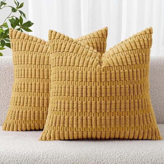 MIULEE Pack of 2 Corduroy Decorative Throw Pillow Covers 18x18 Inch Soft Boho Striped Pillow Covers Modern Farmhouse Home Decor for Summer Sofa Living Room Couch Bed Yellow