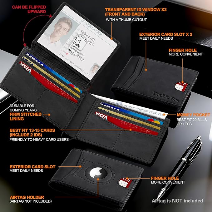 Wallet for Men Slim RFID Blocking Bifold Carbon Fiber,Minimalist Small Compact Front Pocket Credit Card Holder,Thin Mens Leather Wallets Smart Security With 2 ID windows 1 Cash (Crazy Horse Black)
