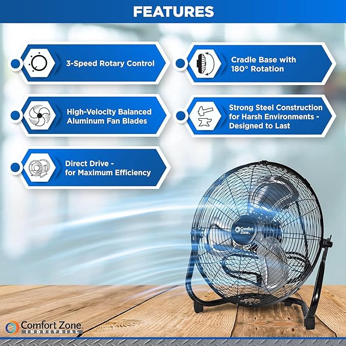 Comfort Zone Cradle Floor Fan, Electric, High-Velocity,180 Degree Adjustable Tilt, 14 inch, 3 Speed, Carry Handle, Rubber Feet, Metal, Airflow 21 ft/sec, Ideal for Garage or Workshop, CZHV14B