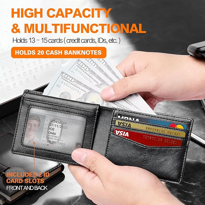 Wallet for Men Slim RFID Blocking Bifold Carbon Fiber,Minimalist Small Compact Front Pocket Credit Card Holder,Thin Mens Leather Wallets Smart Security With 2 ID windows 1 Cash (Oil Wax Black)