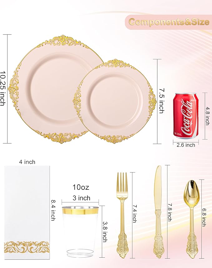 Nervure 350PCS Pink Plastic Plates - Pink Plastic Dinnerware Sets for 50 Guests - 100 Disposable Plates, 150 Gold Silverware, 50 Cups, 50 Napkins Perfect for Wedding & Party & Mothers Day