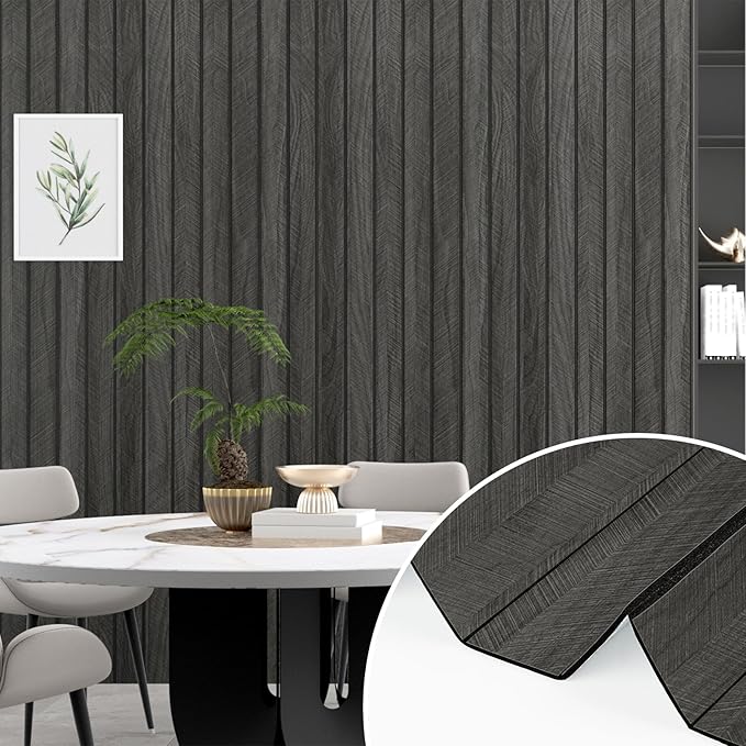 Wallercity 3D Wood Black/Grey Wall Panels Wood Slat Acoustic Panel for Walls & Ceiling Peel and Stick Textured Sound Absorbing Panel for Bedroom Living Room Vinyl Waterproof Fence Paneling 11.7x197 IN