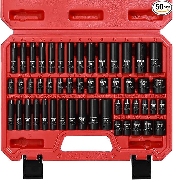 CASOMAN 1/4 Inch Drive Master Impact Socket Set, 50-Piece, 6-Point, SAE/Metric, 5/32 Inch - 9/16 Inch, 4mm - 15mm, Standard/Deep,CR-V