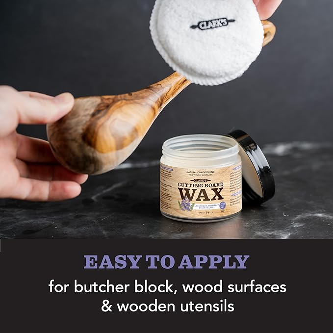 CLARK’S Cutting Board Oil and Wax Kit - Set includes Food Grade Mineral Oil (12oz), Finishing Wood Wax (6oz), Applicator Sponge & Buffing Pad, Enriched with Food Safe Lavender and Rosemary Extract
