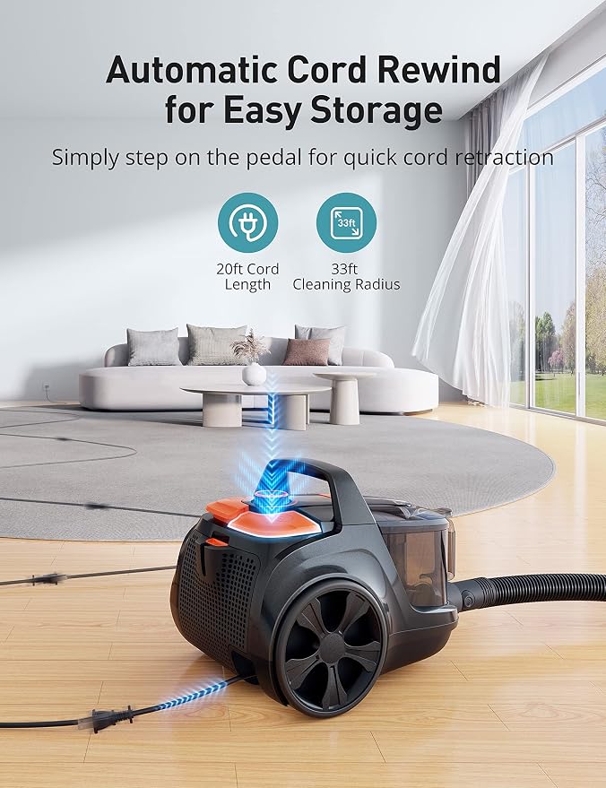 Aspiron Canister Vacuum, Upgraded 1600W Bagless Canister Vacuum Cleaner | Auto Cord Rewind, H13 HEPA Filter, 4Qt Large Capacity, 5 Tools for Hard Floors, Carpet, Pet, Upholstery, Tiles, Tangerine