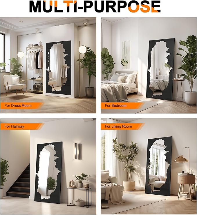 Full-Length Mirror Free Standing Leaning Mirror with Artistic Black Abstract Overlay Deco, 55"x28" Shatterproof Wall-Mounted Mirror, Perfect for Living Room, Bedroom, Cloakroom, and Bathroom Decor