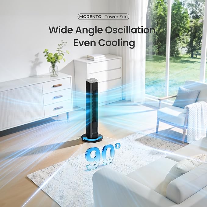 MORENTO Tower Fan for Bedroom, 36" Smart Standing Fan with WiFi APP Voice Control, 4 Modes 4 Speeds, 90° Oscillating, 12H Timer & 25dB Ultra Quiet Safe Bladeless Floor Fan with Remote, Black, 1 Pack