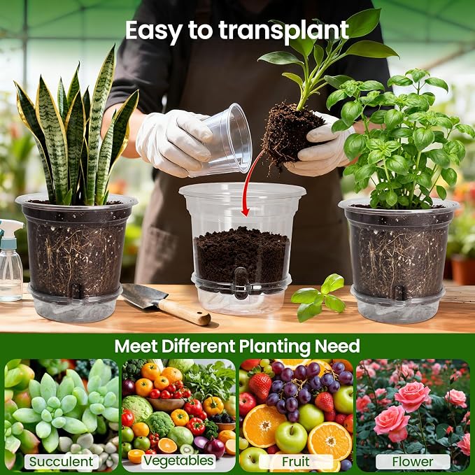 MIXC 12 Pack 6.5 Inch Self Watering Pots for Indoor Plants-Clear Plastic | With Drainage Holes & Deep Reservoirs, Wicking Rope，Root and Water-Level Visibility, Up to 7-Day Water Supply, Reusable
