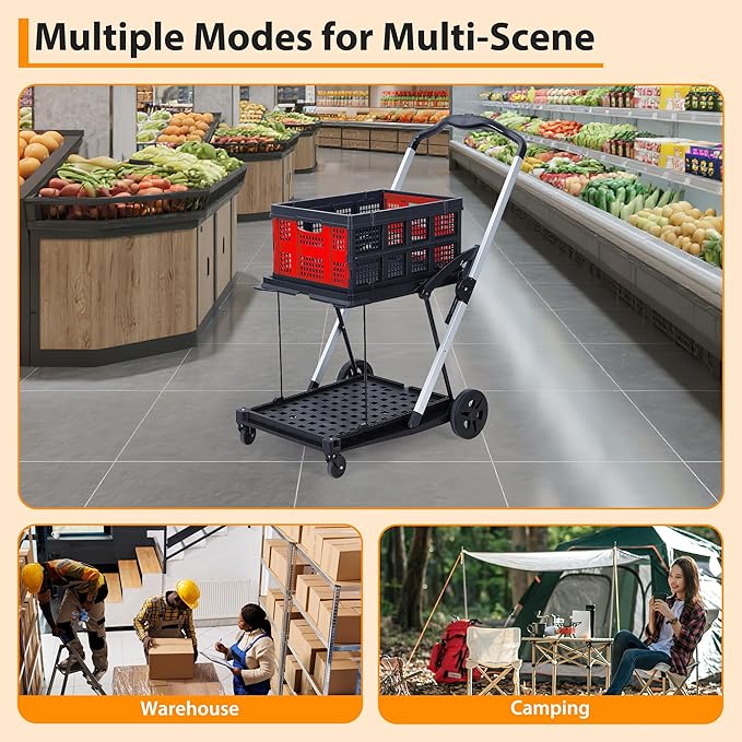 2-Tier Folding Shopping Cart with Wheels, Collapsible Grocery Cart with Removable Crate, Portable Shopping Trolley for Home, Groceries, Garden-Red