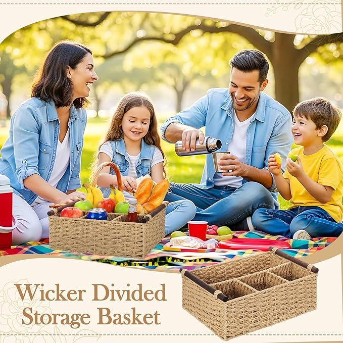 Remerry Beige Bathroom Countertop Organizer Caddy, Wicker-Like Divided Basket with Handle and Metal Frame, 4 Compartment, Paper Rope Storage Organizer for Vanity Kitchen (10.24 x 7.87 x 3.94 in)
