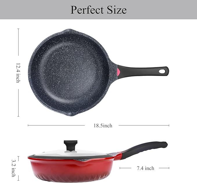 Vinchef 11Inch/5QT Nonstick Skillet, Red | deep nonstick skillet with lid & heat indicator. Anti-scratch, anti-stain, induction-compatible ideal for sautéing frying