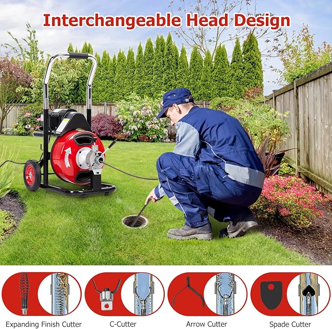 Electric Drain Cleaner Machine, 100FT x 3/8" Cable, 370W Auto-Feed Sewer Snake, 4 Interchangeable Cutter Heads, Air Foot Switch, Portable Auger for 1"-4" Pipes, Home and Commercial Use