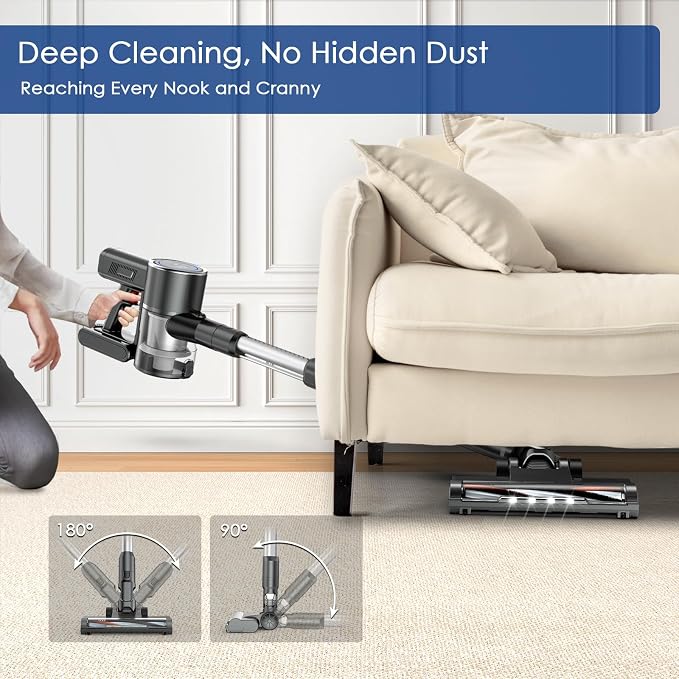 Cordless Vacuum Cleaner with 2 Batteries, 500W 45Kpa Lightweight Stick Vacuum Cleaners for Home with LED Display, Brushless Motor, Anti-Tangle, for Carpet & Hard Floor & Pet Hair (Grey)
