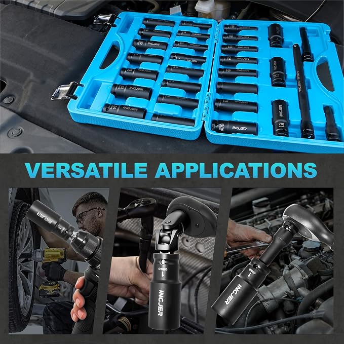 1/2" 29PCS Impact Socket Set, Upgrade CR-MO 6 Point Socket Set,SAE (3/8"-1") & Metric (10-24mm), Standard & Deep Sockets with Extension Bars, High Torque, Ideal for Truck Bearing Locknut.