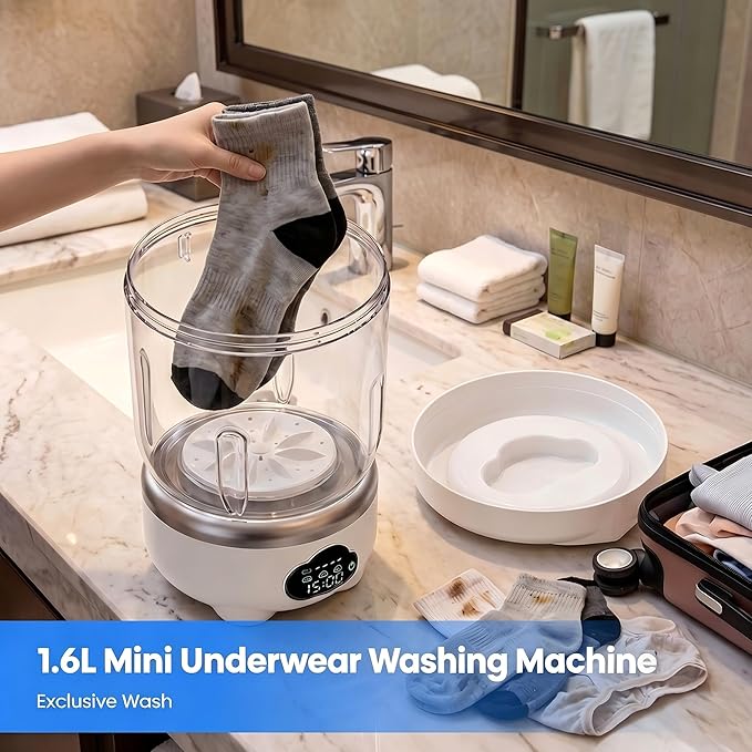Underwear Washing Machine, Portable Washing Machine, 1.6L Foldable Mini Washer with 3 Modes, Rechargeable Laundry Machine for Socks, Baby Clothes, Travel, RV, Apartment