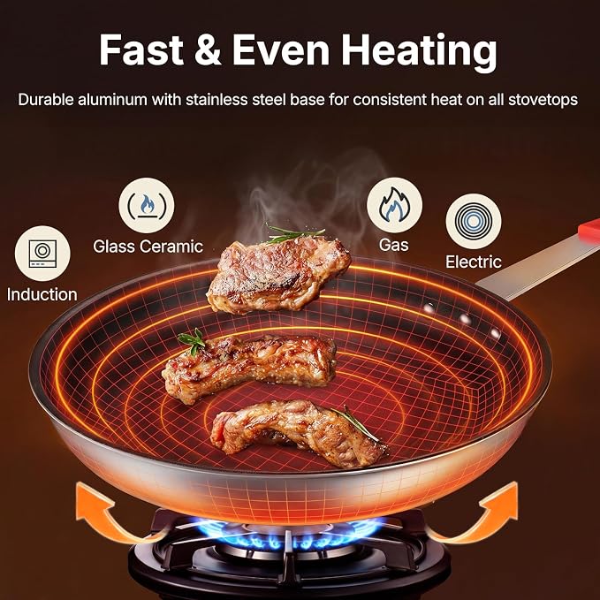 DUMOS 12 Inch Nonstick Frying Pan, Heavy-Gauge Aluminum Skillet with Ceramic Nonstick Coating, Stainless Steel Base & Handle, Omelet Pan for Induction, Electric, Gas, Oven Safe, Red Handle