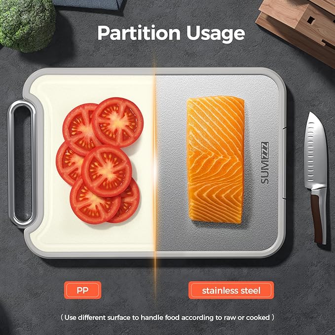 Sumzzz 2-in-1 Stainless Steel Cutting Board, Double-Sided for Raw Meat & Vegetables, Dishwasher Safe, Easy to Clean, Non-Slip Large Chopping Board with Juice Groove, Ideal for Home Kitchen (16”×11”)