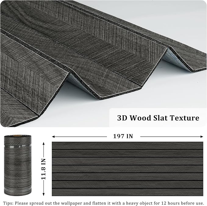 Grey/Black 3D Wood Panels for Wall Decor 197"x11.8" Peel and Stick Faux Wood Wall Panel Self Adhesive Soundproof Wooden Slats Paneling Wallpaper for Living Room Bedroom Office Work Shop