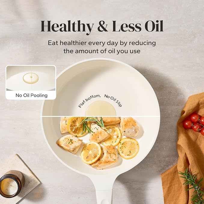 Redchef Nonstick Deep Frying Pan with Lid, Ceramic Saute Pan Skillet, PFOA PFOS Free, Induction Compatible, Stay-Cool Helper Handle, Tempered Glass Cover, Dishwasher Safe, Beige