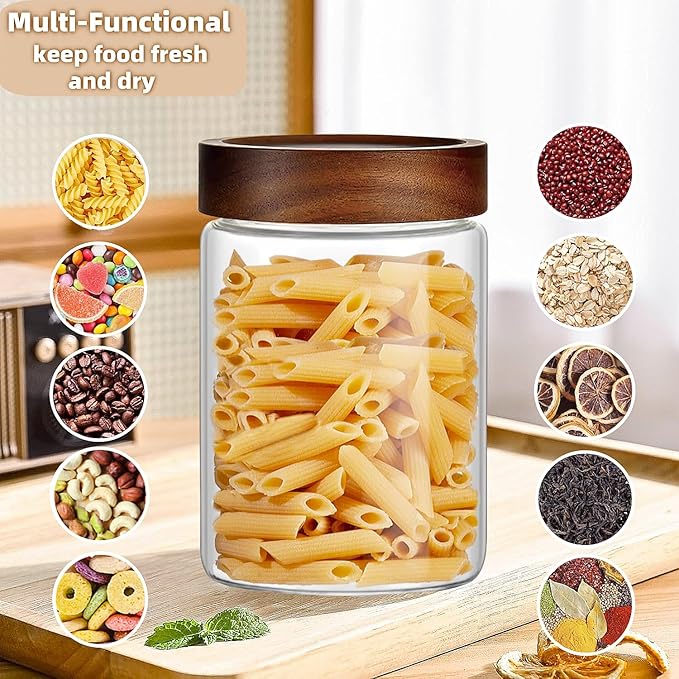28 Fl oz/850 ml Glass Food Storage Jar, Premium Clear Glass Container Jar with Airtight Screw-on Wooden Lid, Kitchen Canisters for Coffee,Tea,Pasta,Cookies, Nuts,Spice,Candy,Overnight Oatmeal（Medium）