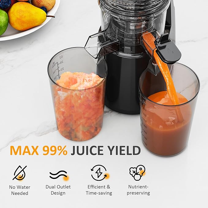 Sunvivi Cold Press Juicer with 5.9" Wide Feed Chute, 150W Slow Masticating Juicer Machines Fit Whole Vegetables & Fruits, Easy to Clean, Dual-Layer Strainer, High Yield Juicer for Home, Black