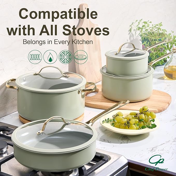 Chef Power Ceramic Cookware Sets, 15Pcs Pots and Pans Set Non Stick, Cookware Set with Stainless Steel Handle, Dishwasher & Oven Safe, Sage Green and Granite Grey