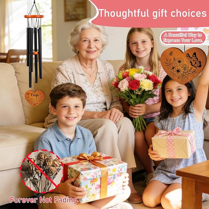 Gigi Gifts Wind Chimes for Outside - Metal Windchime with Wooden Pendant, Greeting Card & Black Box - Unique Birthday for Gigi from Grandkids, Garden Hanging Decor