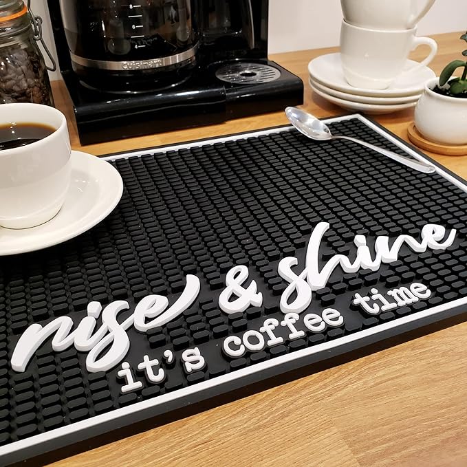New Mungo Coffee Bar Mat – “Rise & Shine It’s Coffee Time” – Spill-Proof PVC Coffee Station Mat, Non-Slip Countertop Protector 18"x12"